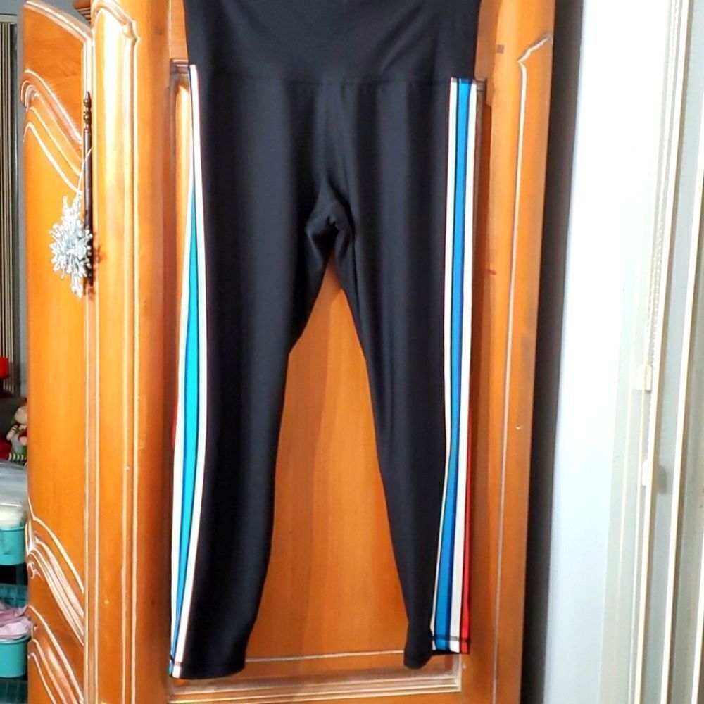 Xersion‎ leggings. Black with red, white, blue, navy and pink striped. SIZE Med.